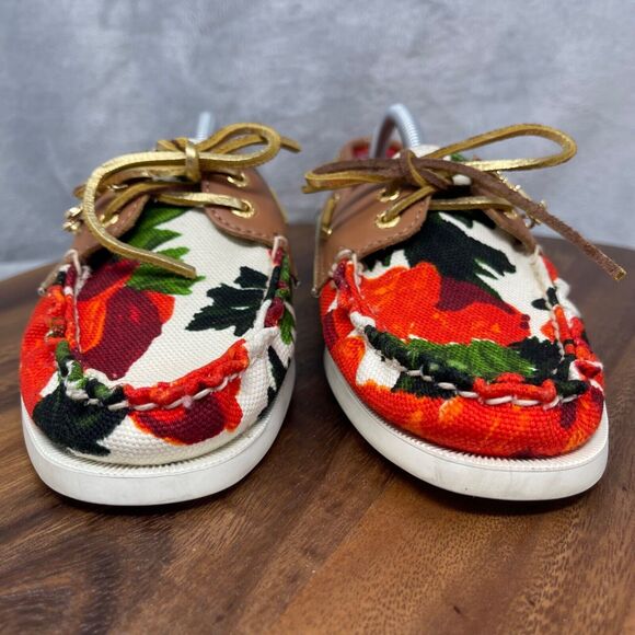 Milly x Sperry Top-sider Boat Shoes Womens 7 M Red Floral Canvas Gold Laces - Picture 4 of 16